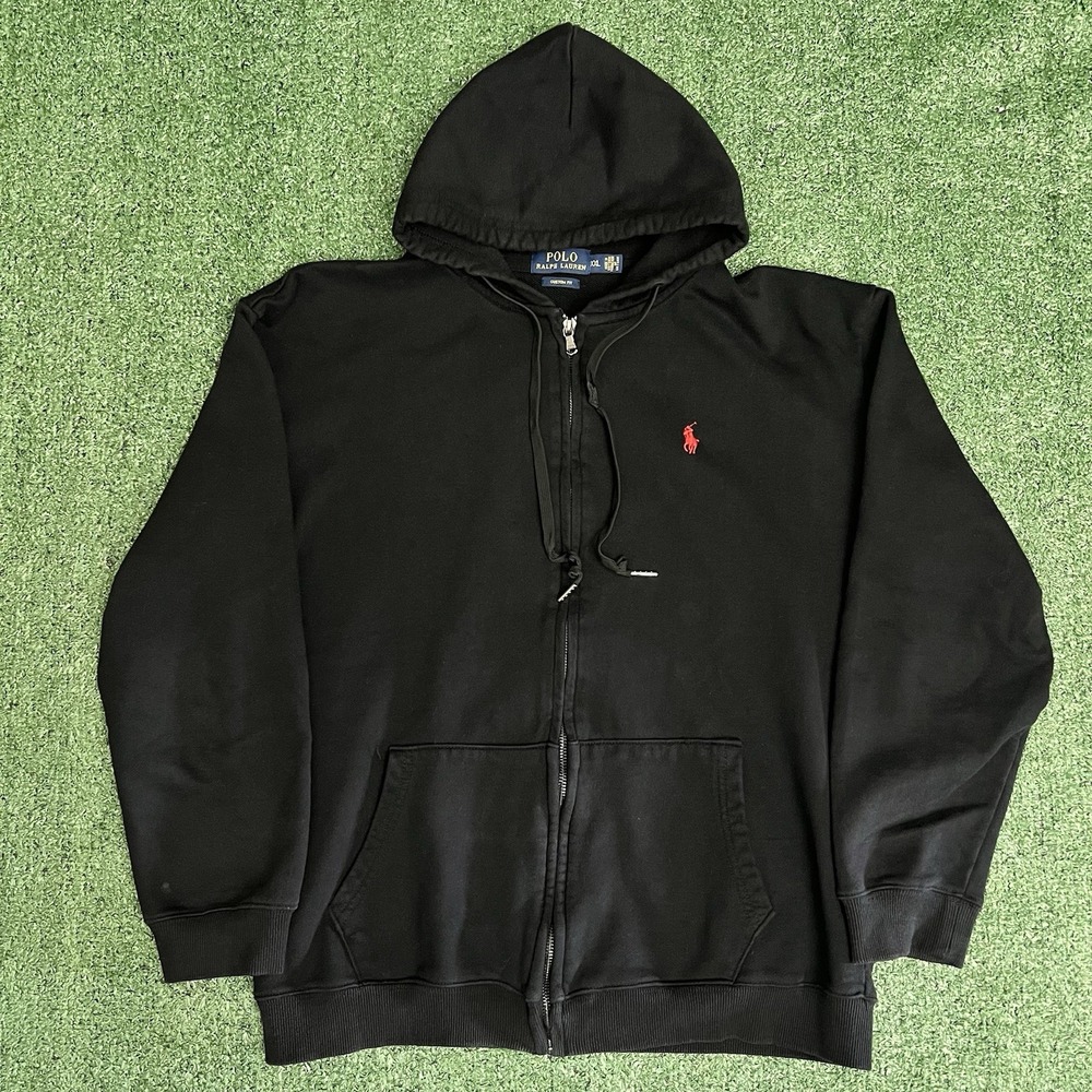 Polo Ralph Lauren Hoodie Men’s 2XL Black Full Zip Fleece Sweatshirt Custom Fit